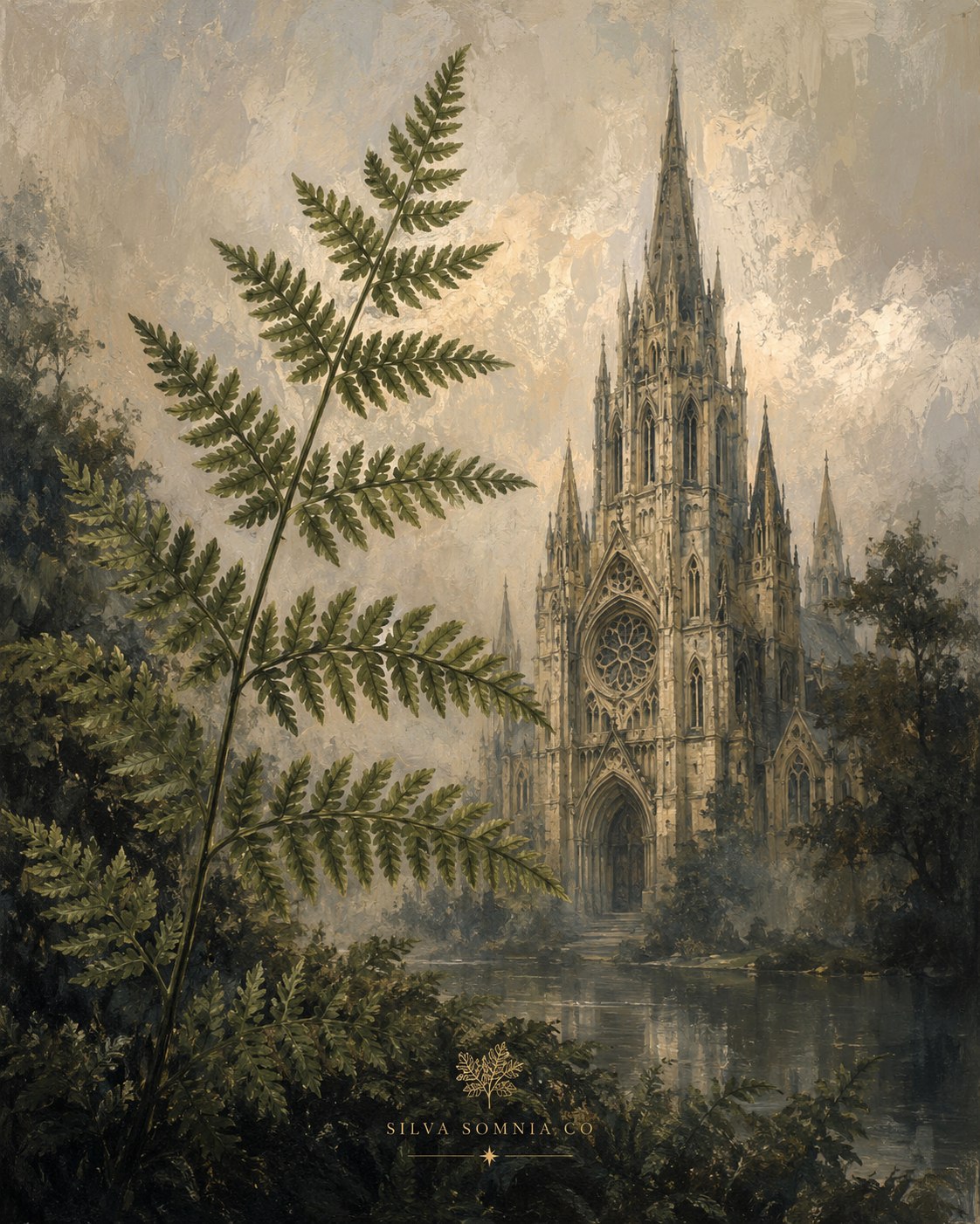Fern Cathedral — original painting, fern before a gothic cathedral