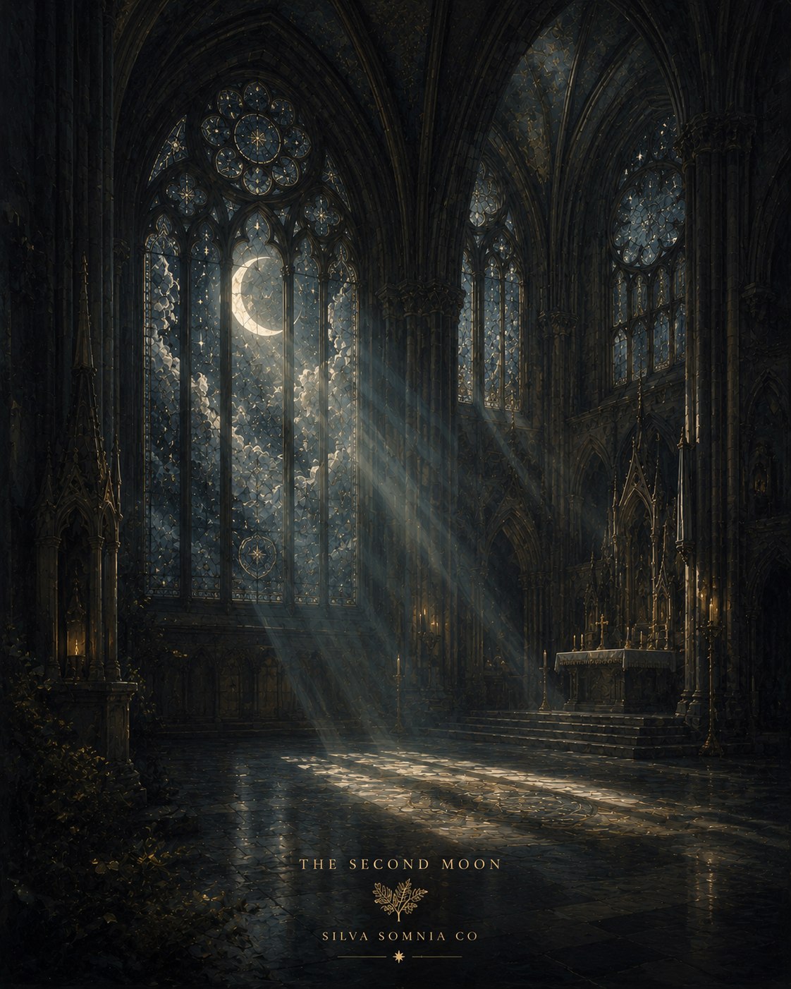 The Second Moon — original painting, moonlight through cathedral stained glass